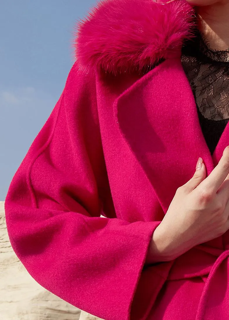 Fuchsia Fox Fur Collar Wrap Belted Wool Blend Coat