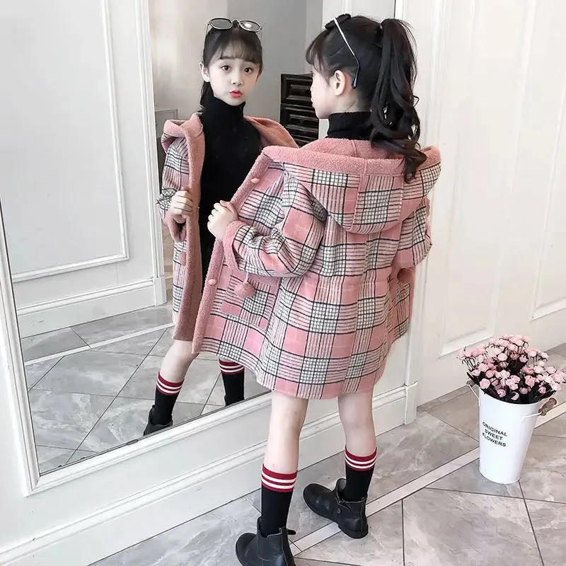 Girls Parka Hairy Woolen Warm Long Coat With Grid Pattern