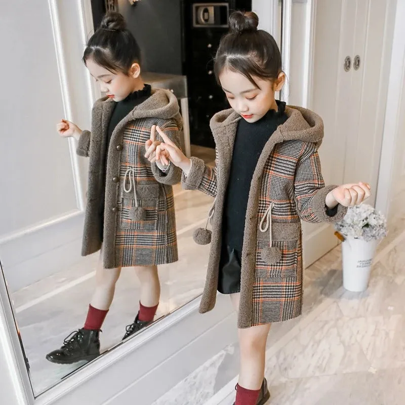 Girls Parka Hairy Woolen Warm Long Coat With Grid Pattern