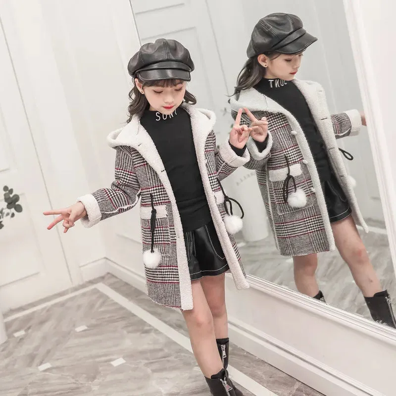 Girls Parka Hairy Woolen Warm Long Coat With Grid Pattern