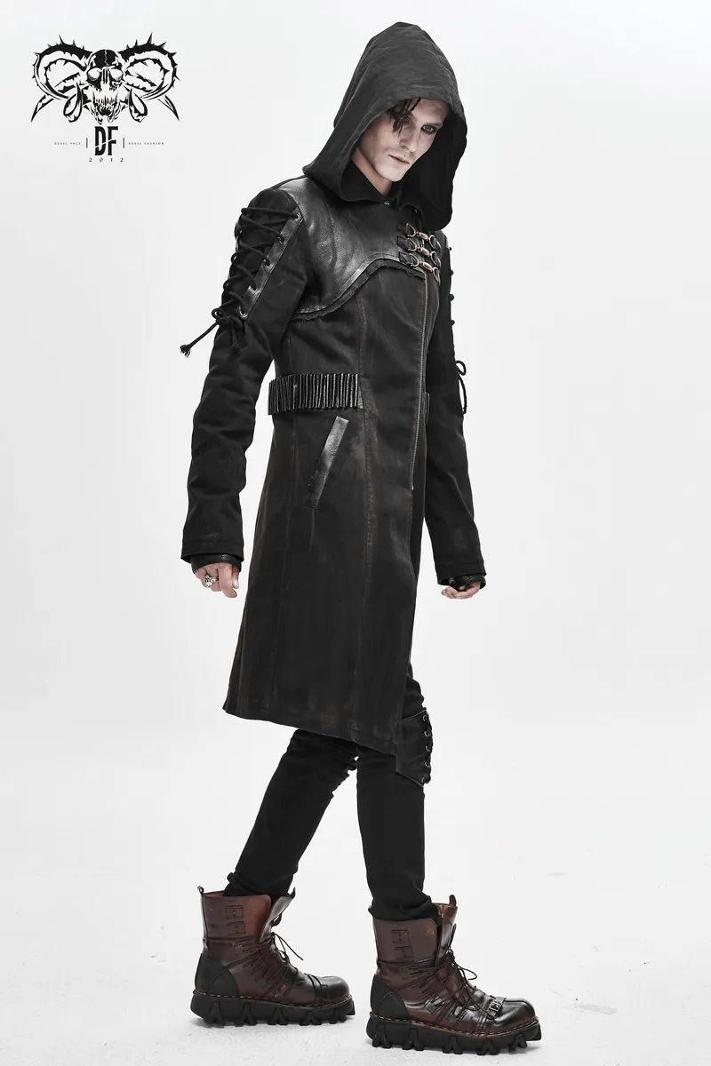 Gothic Zipper Hooded Trench Coat with Buckles / Men's Black Coat with Lace-up on Sleeves