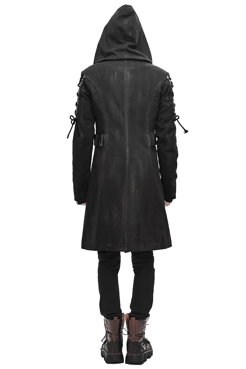 Gothic Zipper Hooded Trench Coat with Buckles / Men's Black Coat with Lace-up on Sleeves