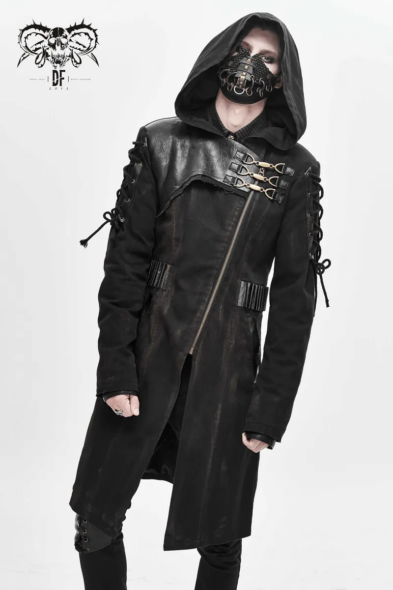 Gothic Zipper Hooded Trench Coat with Buckles / Men's Black Coat with Lace-up on Sleeves