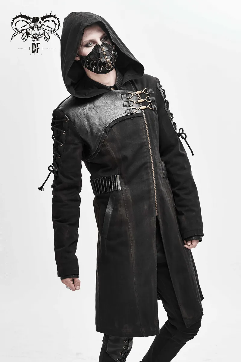 Gothic Zipper Hooded Trench Coat with Buckles / Men's Black Coat with Lace-up on Sleeves