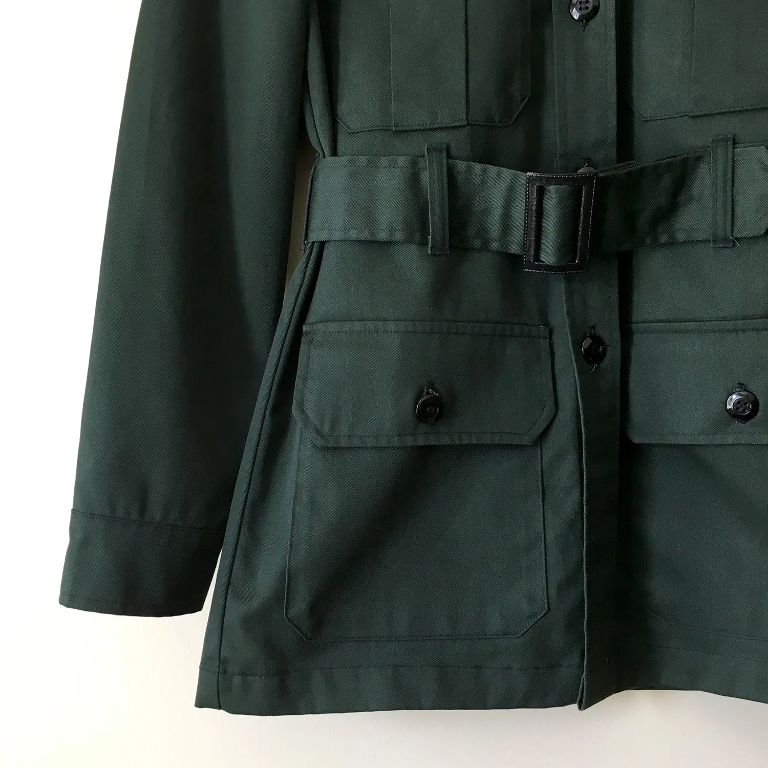 Hunter-Green Fitted Military Button Front Belted Fatigue Jacket