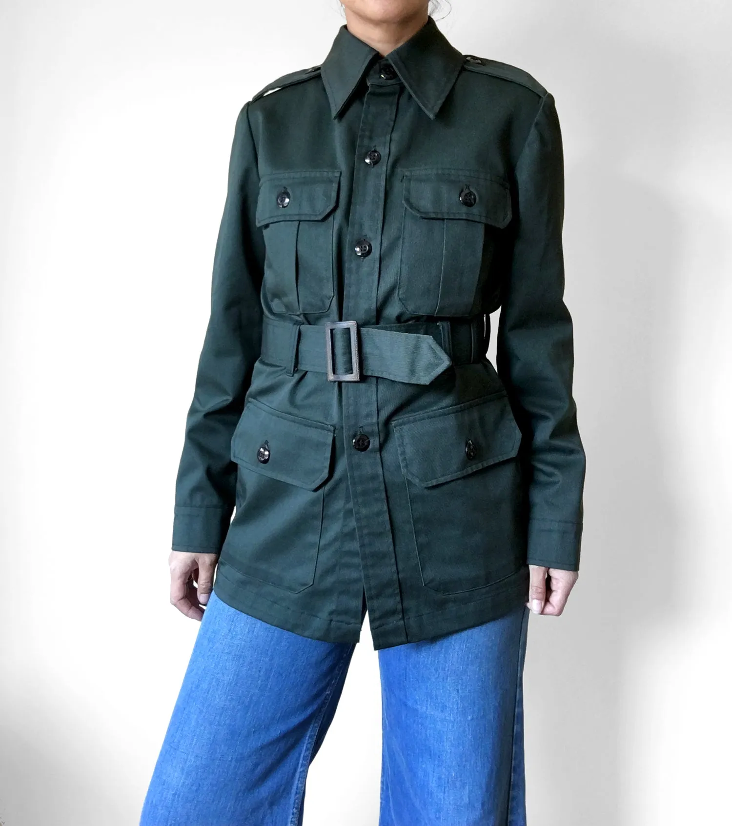 Hunter-Green Fitted Military Button Front Belted Fatigue Jacket