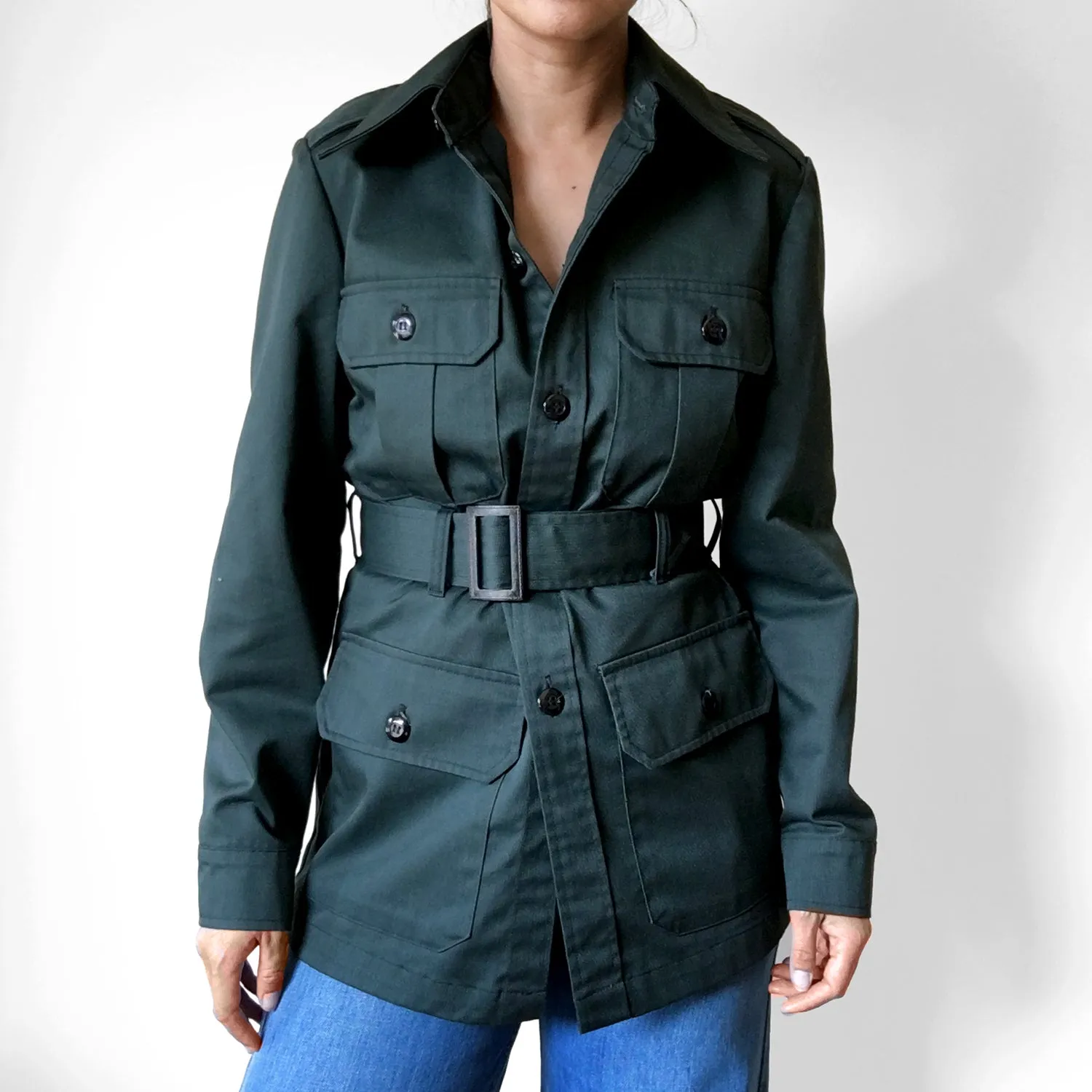 Hunter-Green Fitted Military Button Front Belted Fatigue Jacket