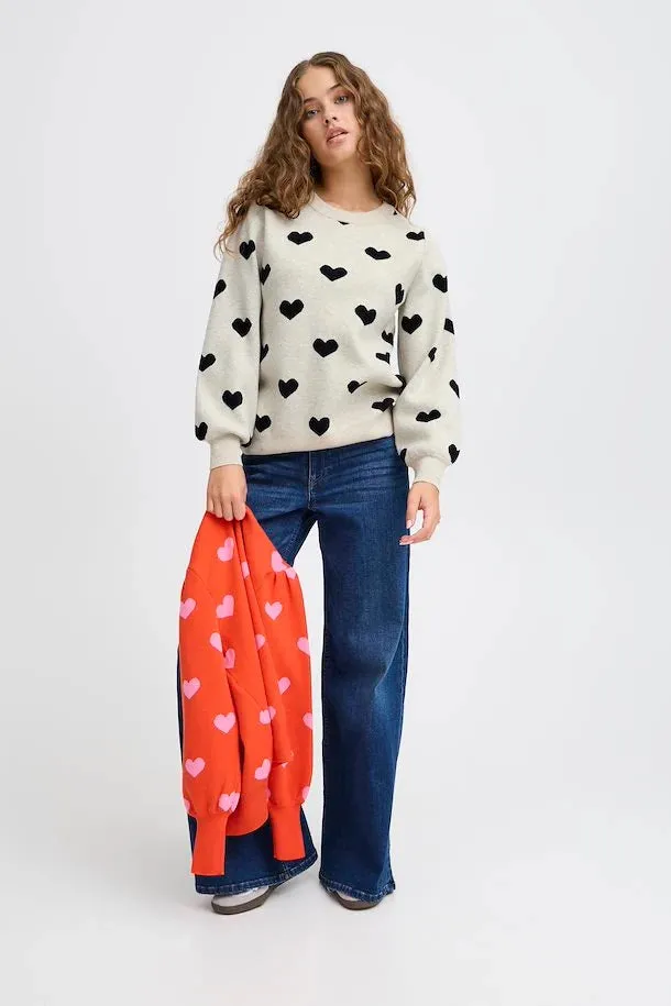 ICHI Brielle Oatmeal & Black Heart Knitted Pullover