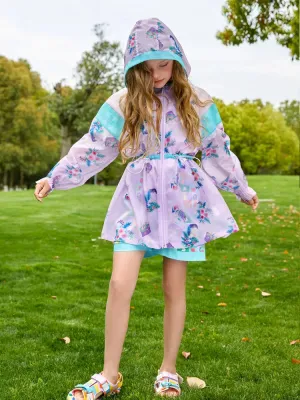 Kids Girls Hooded Trench Coat Printed With Pleated Cuffs