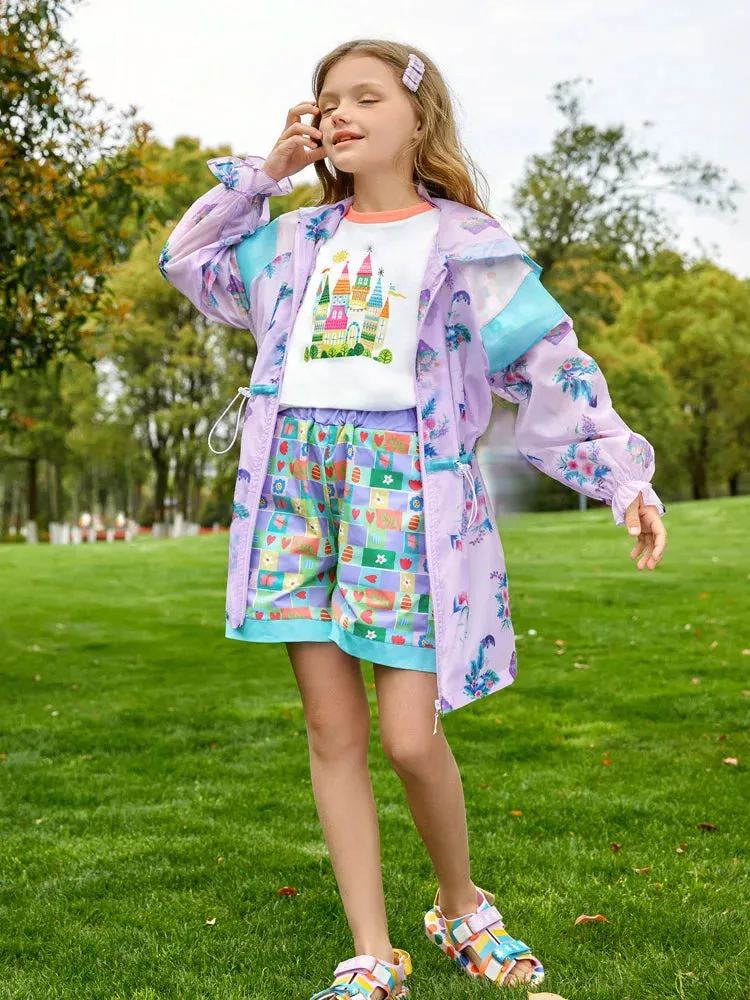 Kids Girls Hooded Trench Coat Printed With Pleated Cuffs