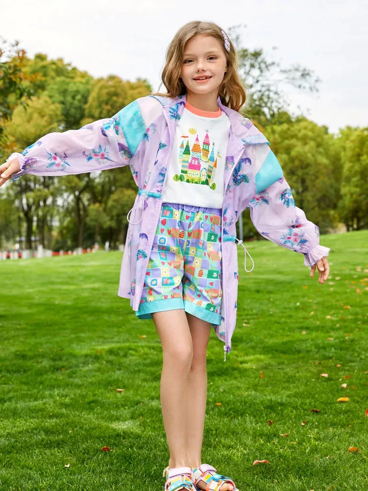 Kids Girls Hooded Trench Coat Printed With Pleated Cuffs