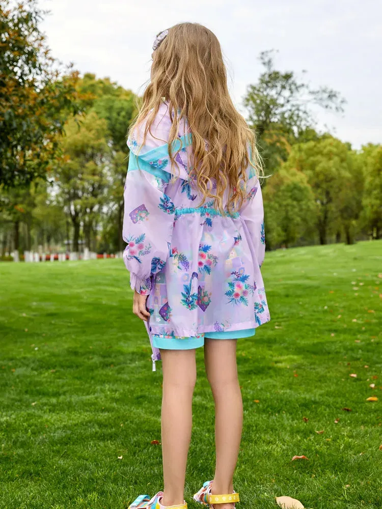 Kids Girls Hooded Trench Coat Printed With Pleated Cuffs