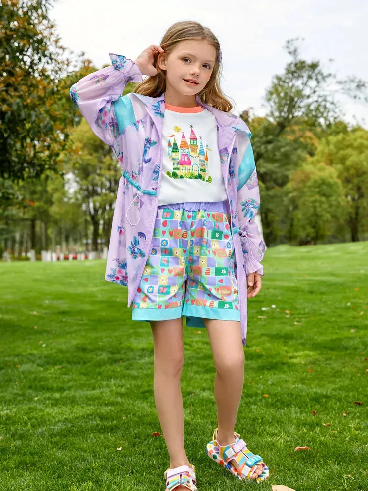 Kids Girls Hooded Trench Coat Printed With Pleated Cuffs