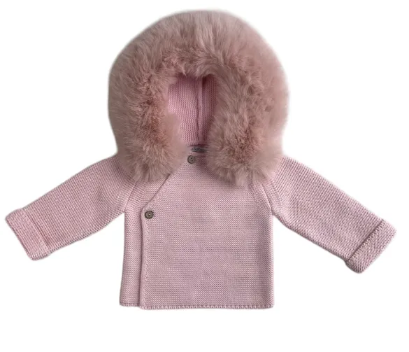 Knit Jacket with Removable Faux Fur- 100% Cotton in Pink