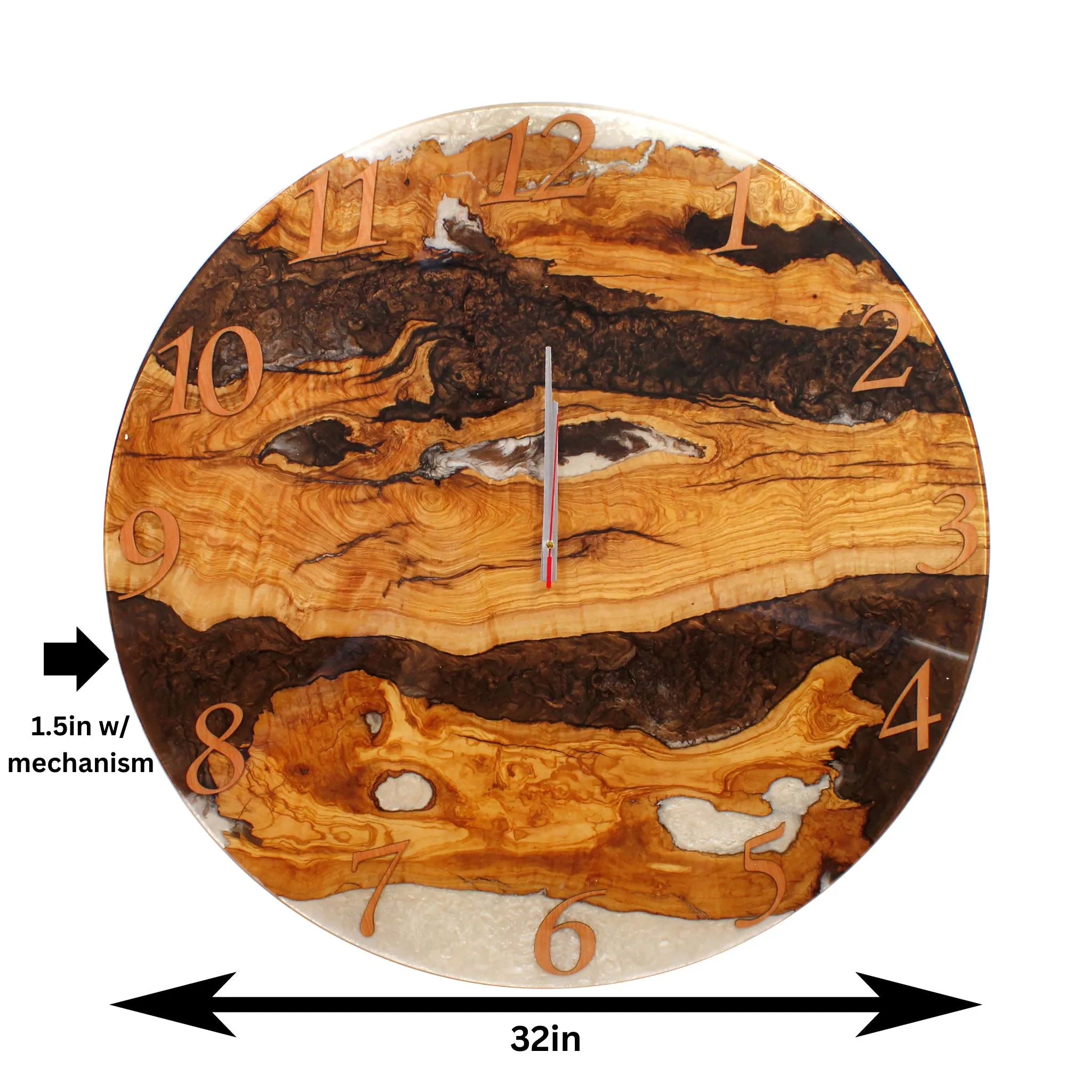 Large White Brown Resin Epoxy Wall Clock Live Edge Olive Wood 32 Inches