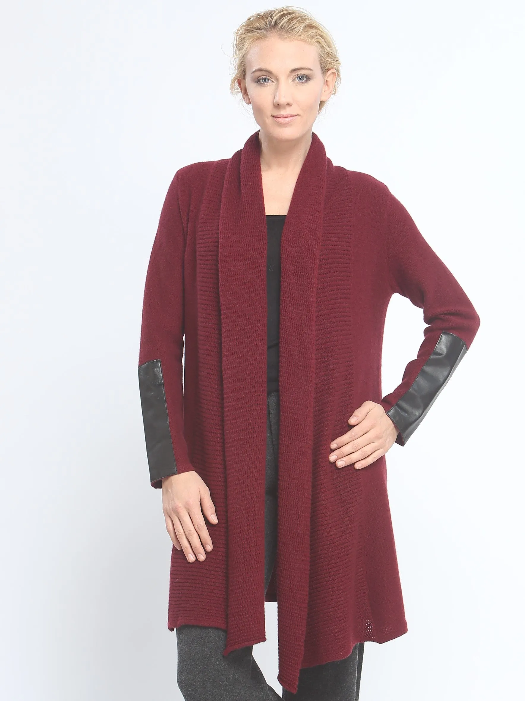 Leather Trimmed Long Wrap Coat