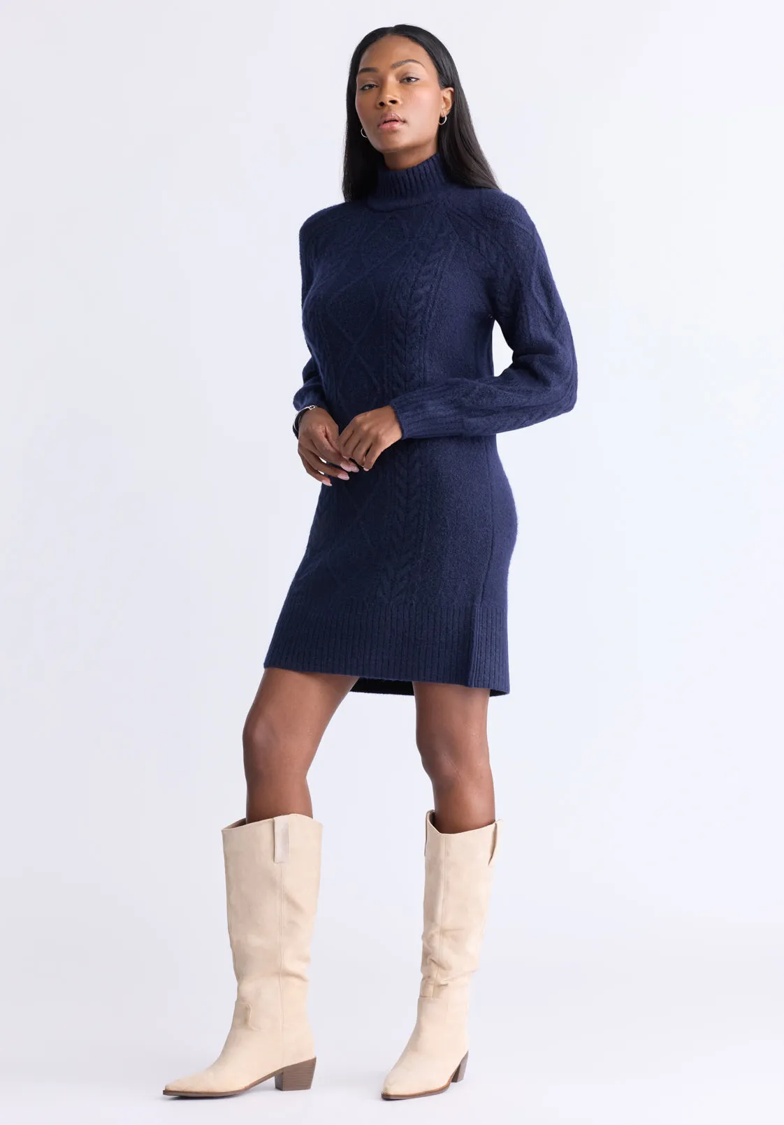 Levelle Women's Cable Knit Turtleneck Sweater Dress, Navy - SD0005H