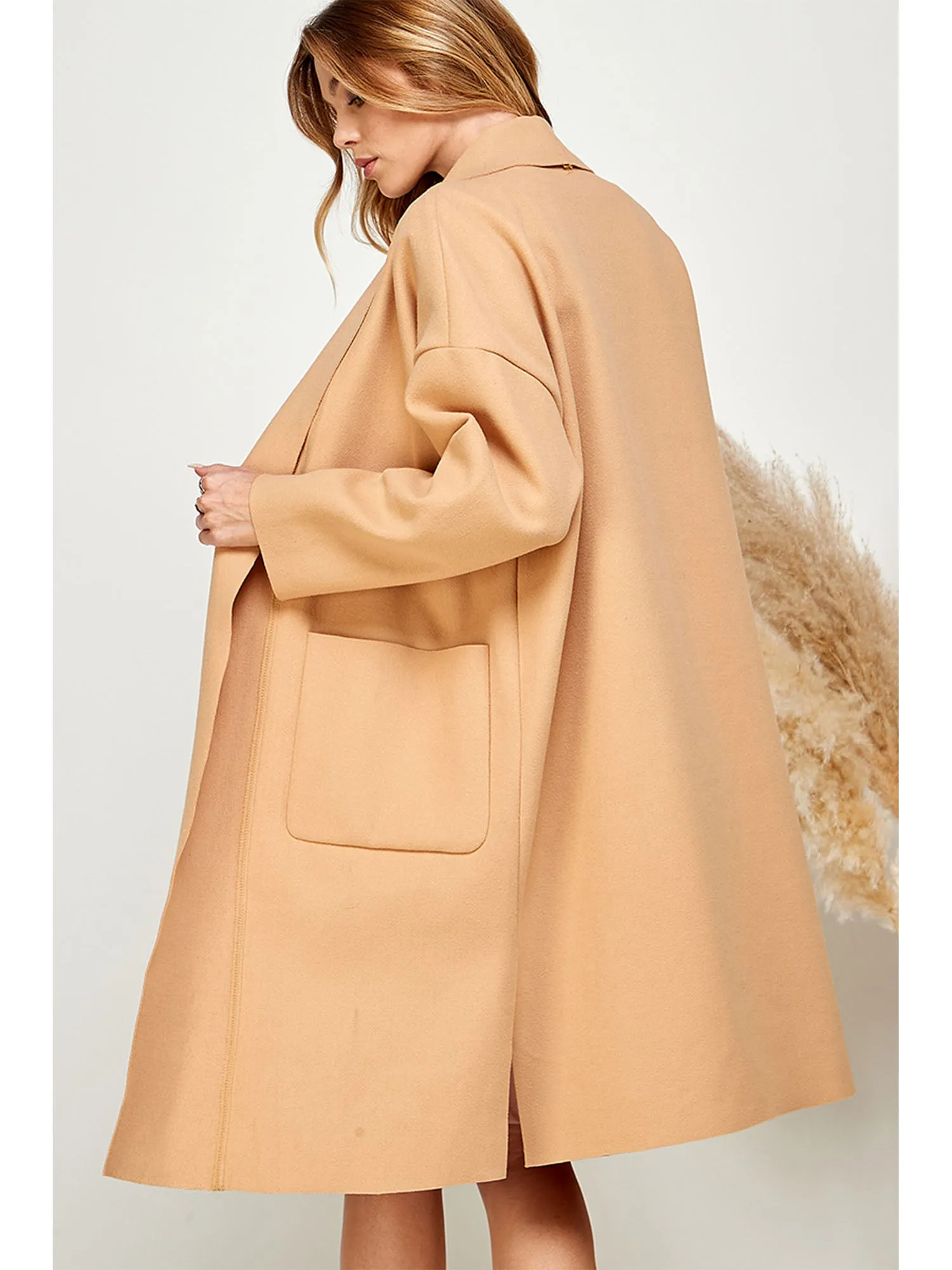 Long Sleeve Cocoon Foldover Lapel Long Coat