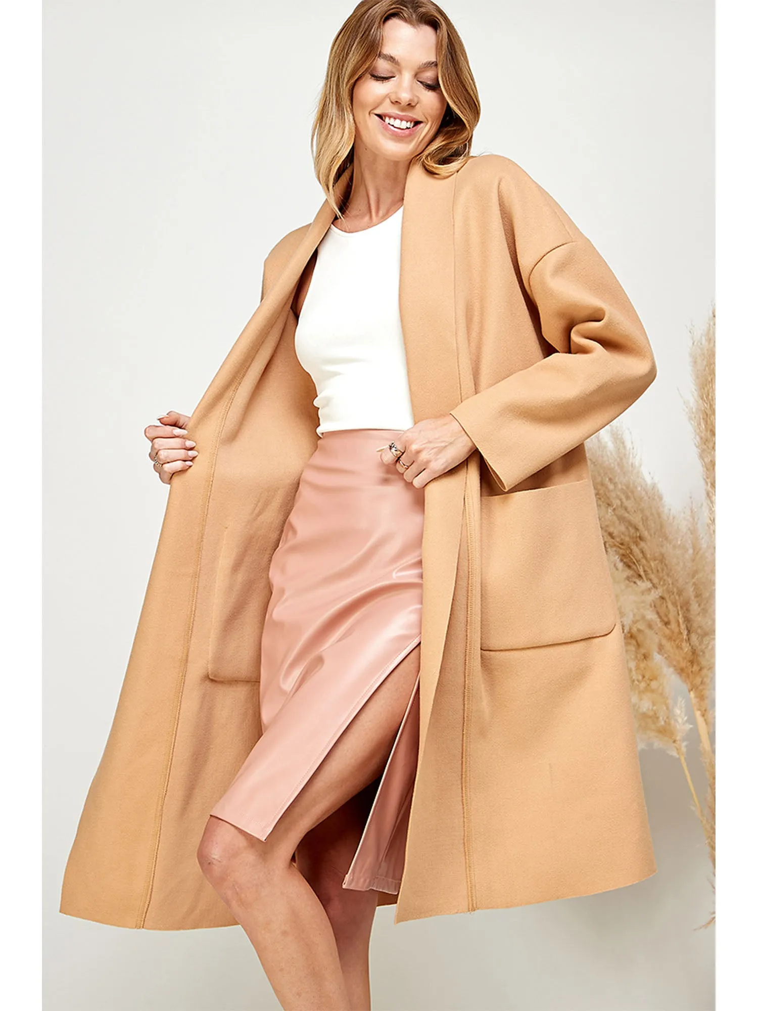 Long Sleeve Cocoon Foldover Lapel Long Coat