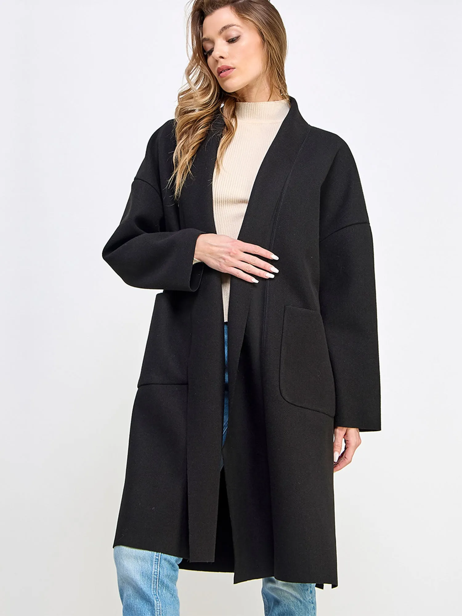 Long Sleeve Cocoon Foldover Lapel Long Coat