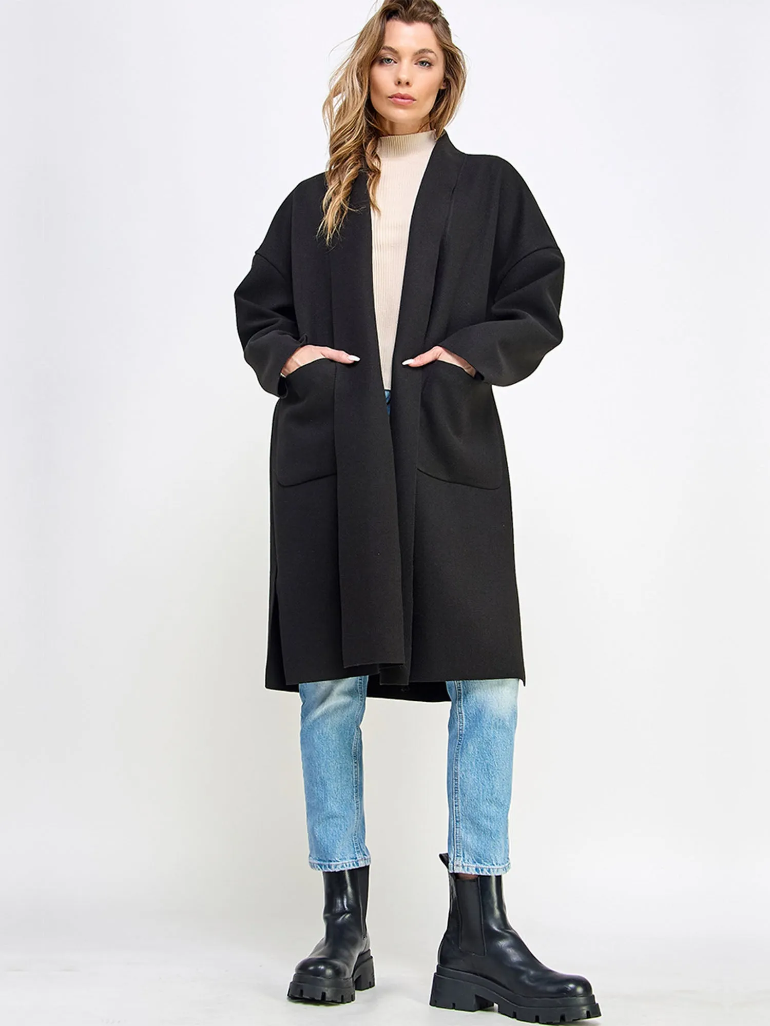 Long Sleeve Cocoon Foldover Lapel Long Coat