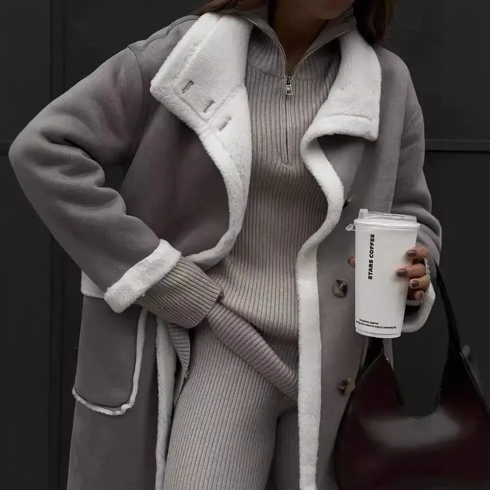 Longline Shearling Trim Coat – Cosy Loose Fit Winter Jacket in Grey