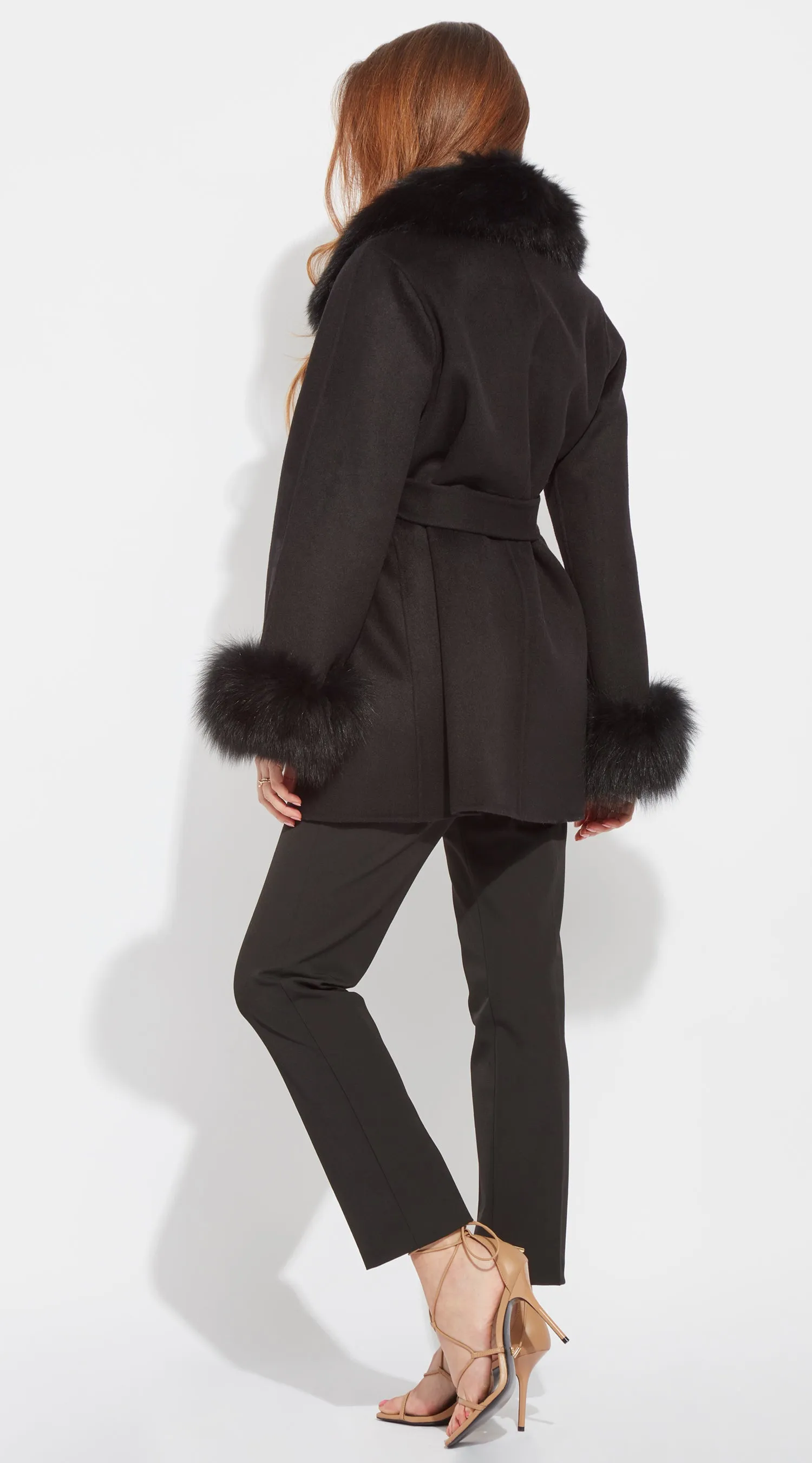 Luxy Cashmere & Fox Fur Belted Wrap Coat - Black