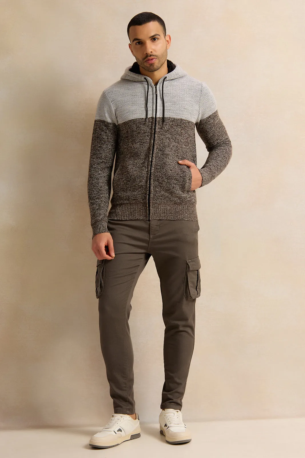 Men Grey Knitted Hooded Pullover