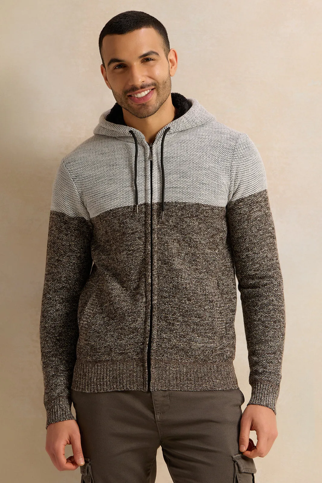 Men Grey Knitted Hooded Pullover