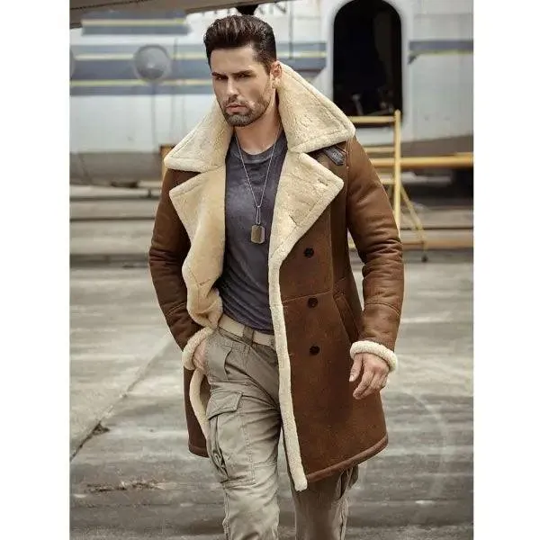 Men's Aviator Shearling Flight Sheepskin Leather Trench Coat