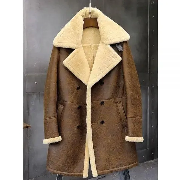 Men's Aviator Shearling Flight Sheepskin Leather Trench Coat