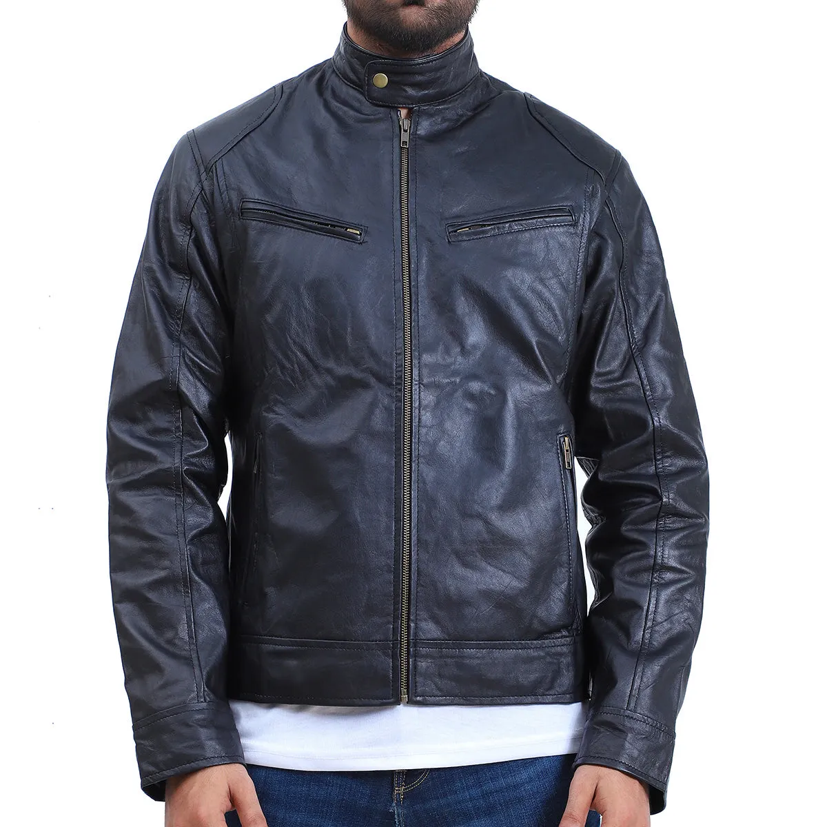 Men's Black Cafe Racer Lambskin Leather Jacket