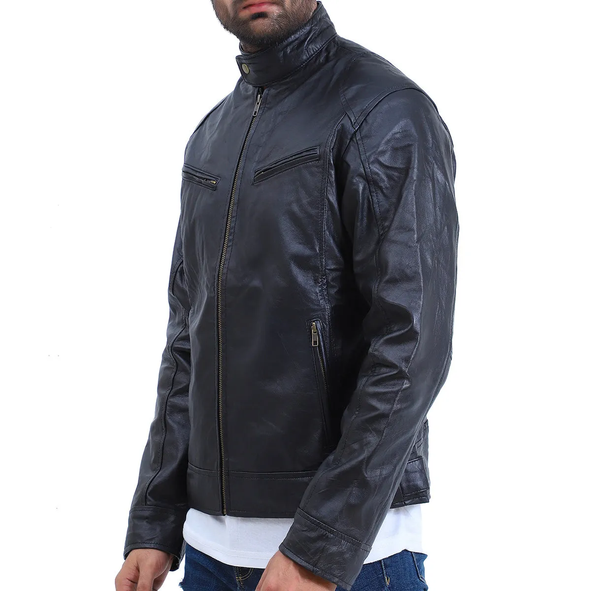 Men's Black Cafe Racer Lambskin Leather Jacket