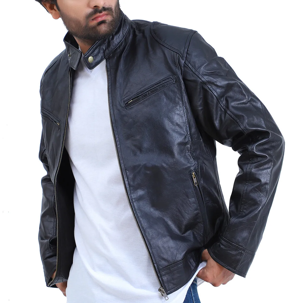 Men's Black Cafe Racer Lambskin Leather Jacket