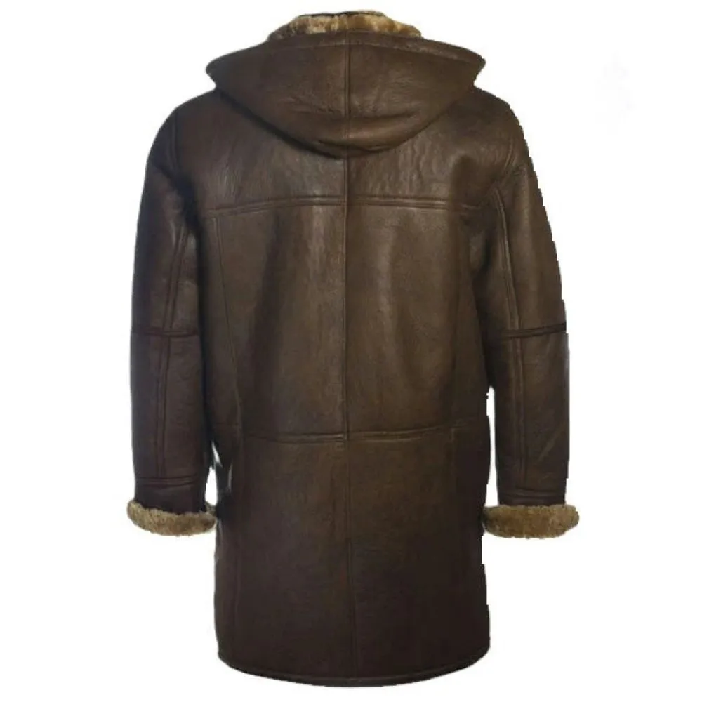 Men’s Brown Hooded Shearling Genuine Sheepskin Leather Duffel Coat