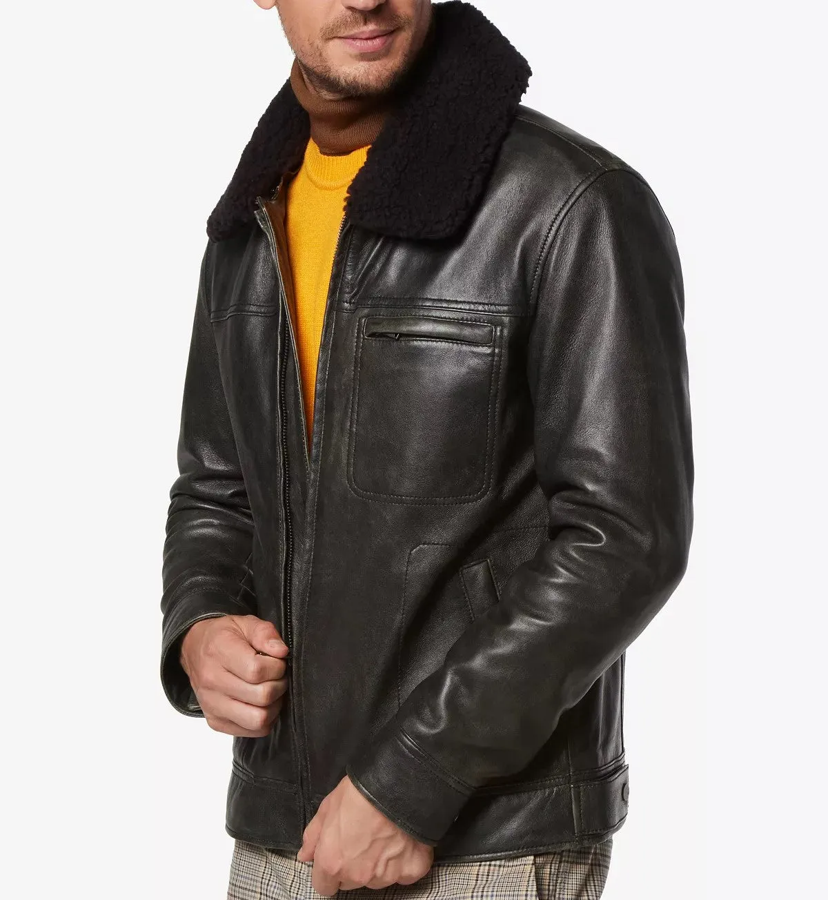 Men's Distressed Aviator Black Jacket