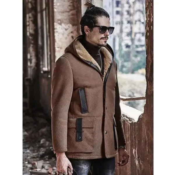 Men's Shearling Bomber Long Jacket Hooded Suede Leather Trench Coat