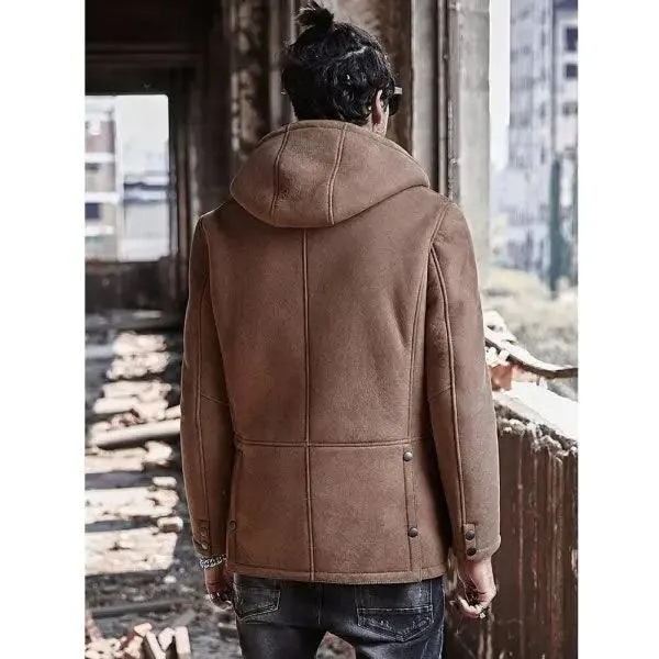 Men's Shearling Bomber Long Jacket Hooded Suede Leather Trench Coat