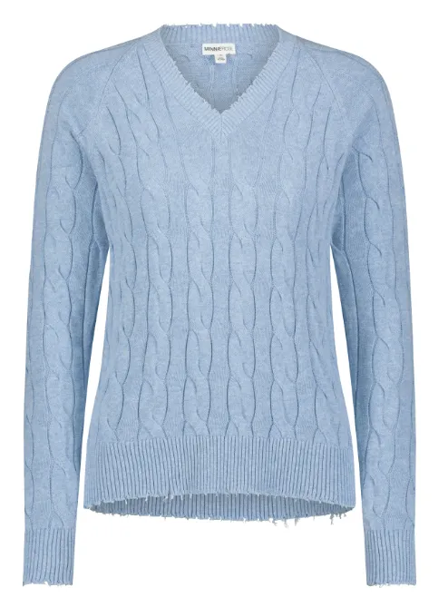 Minnie Rose Cotton Cable LS V with Frayed Edges in Cameo Blue