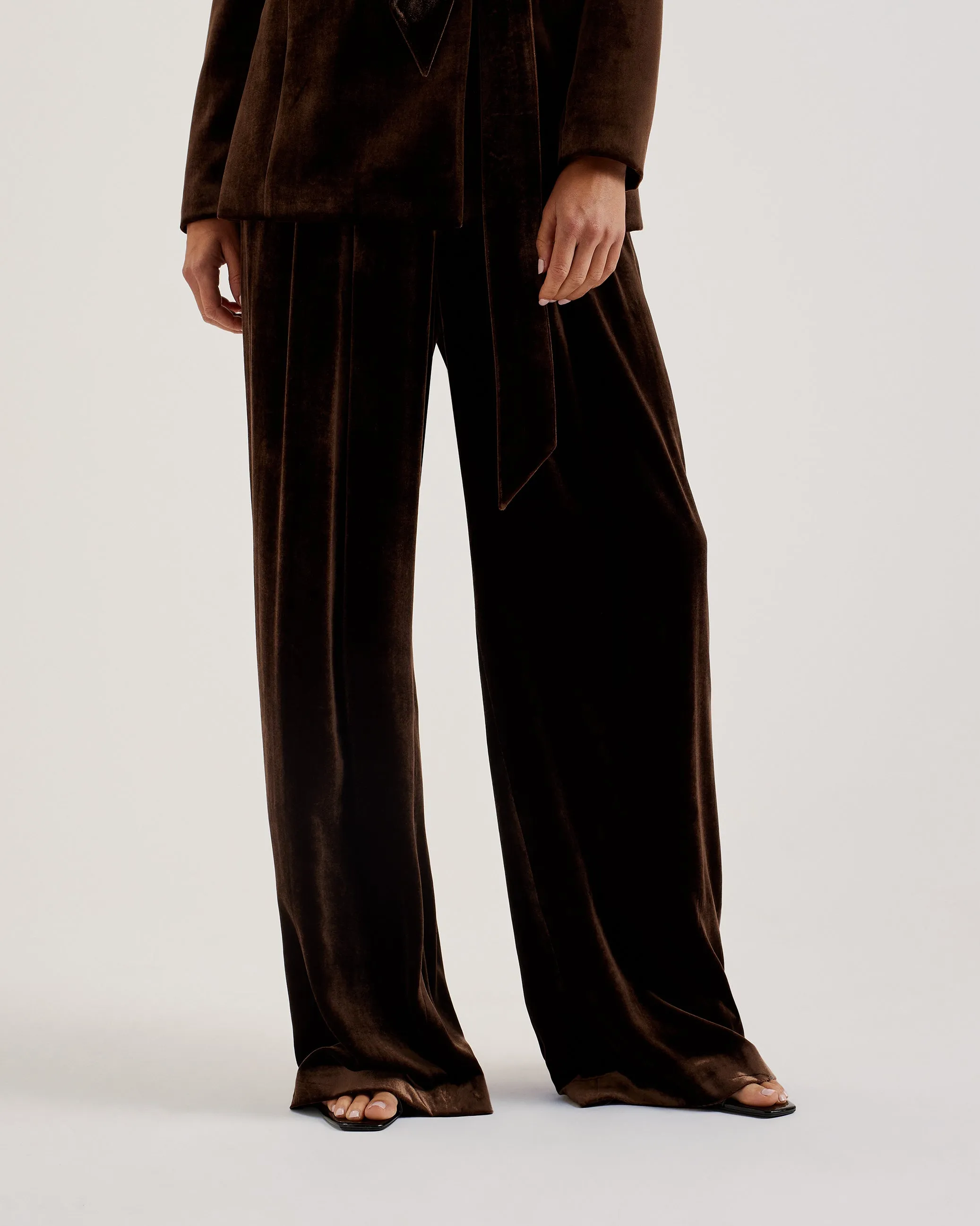 Momijit Wide Leg Pleated Silk Velvet Trouser Brown