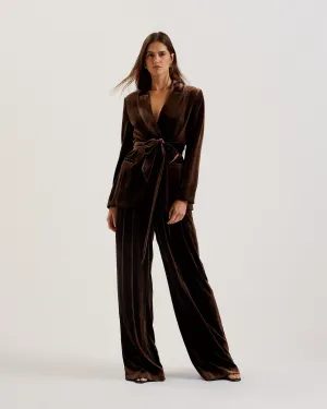 Momijit Wide Leg Pleated Silk Velvet Trouser Brown