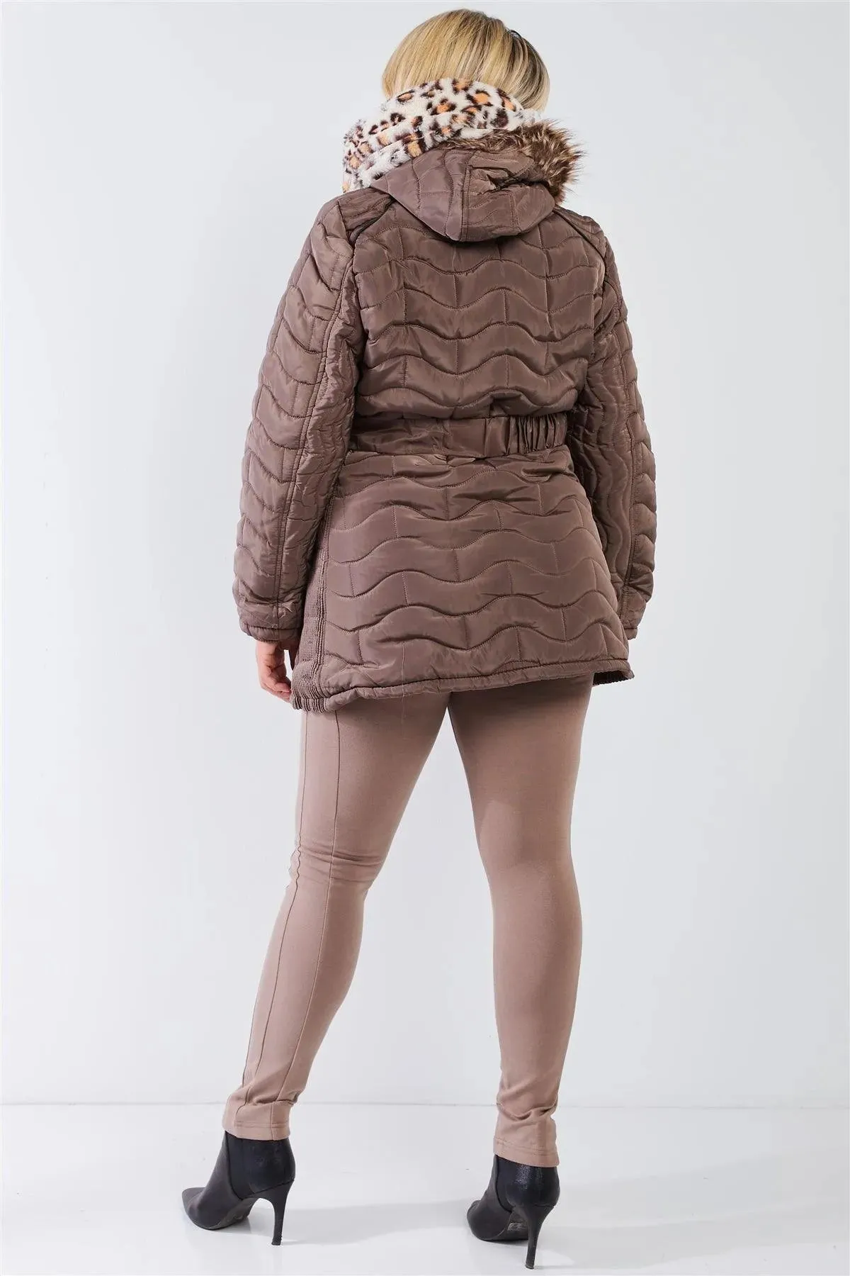 Plus Size Wavy Brick Quilt Faux Fur Hood Puffer Jacket