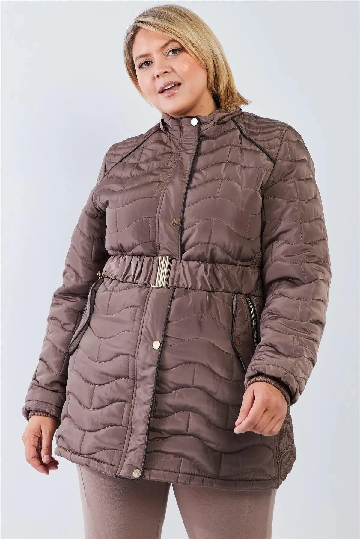 Plus Size Wavy Brick Quilt Faux Fur Hood Puffer Jacket