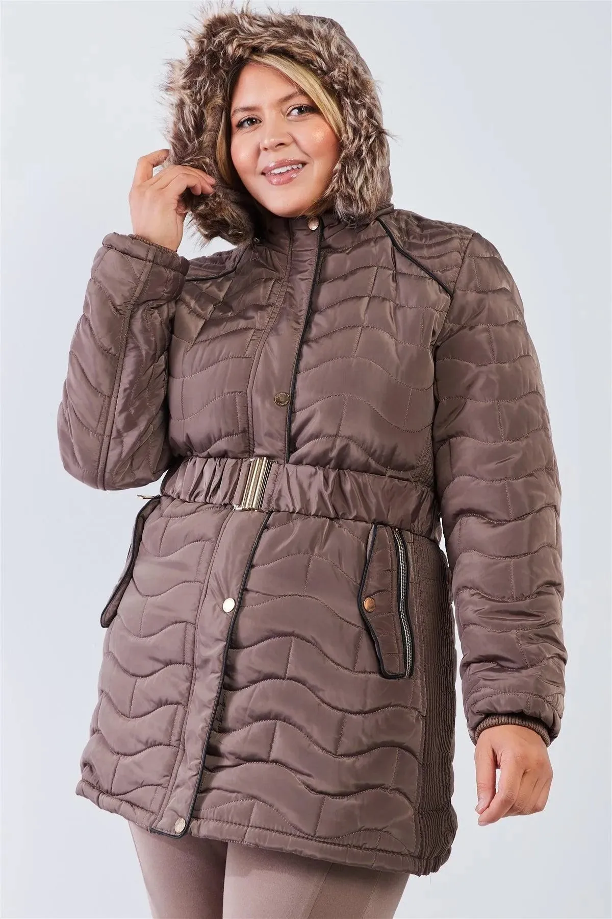 Plus Size Wavy Brick Quilt Faux Fur Hood Puffer Jacket