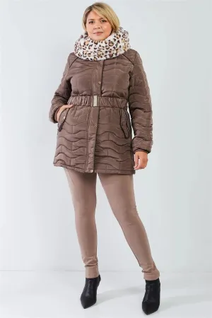 Plus Size Wavy Brick Quilt Faux Fur Hood Puffer Jacket