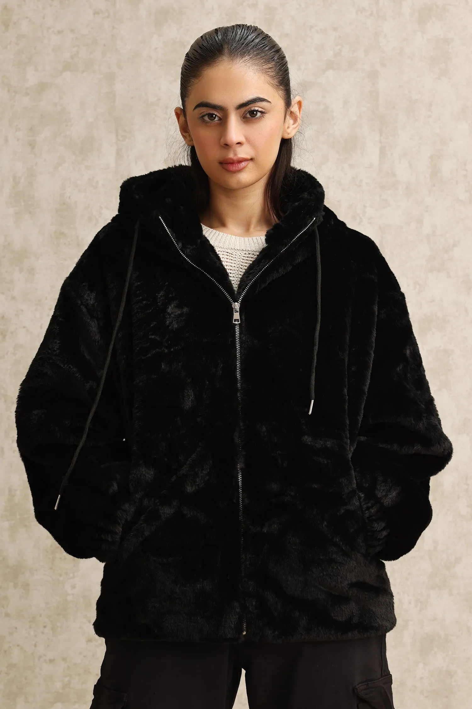 PLUSH HOODED JACKET-BLACK