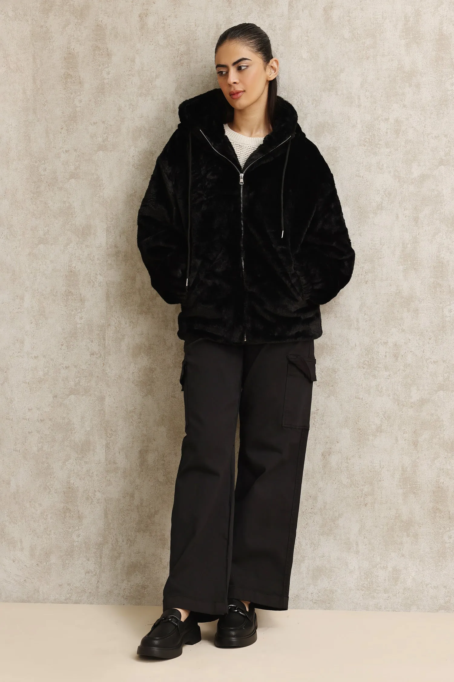 PLUSH HOODED JACKET-BLACK