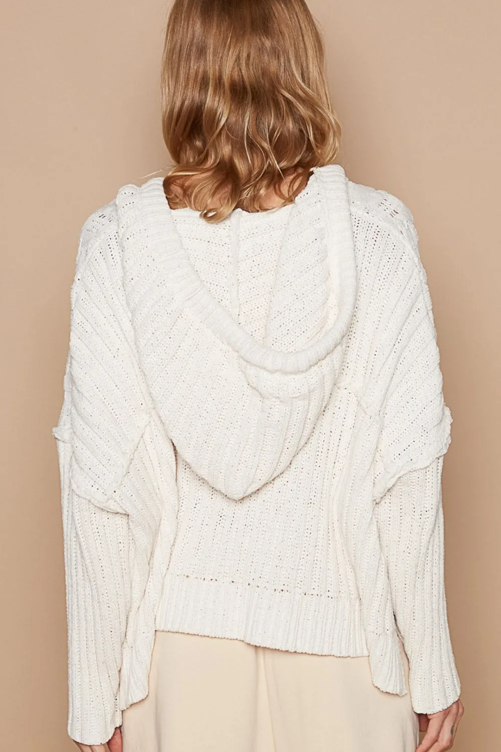 POL Rib Weave Sleeves Hooded Cable Knit Sweater