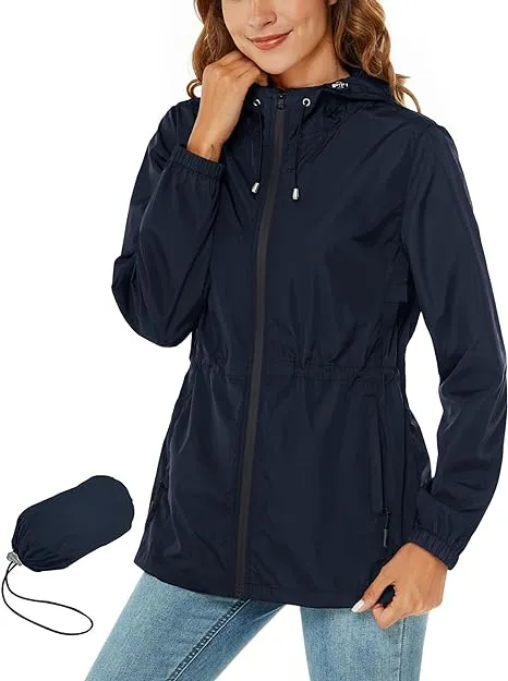 Rapbin Raincoat Women Waterproof Jacket Lightweight Rain Coats Outdoor Rain Trench Coat Packable Hooded Raincoats with Pocket