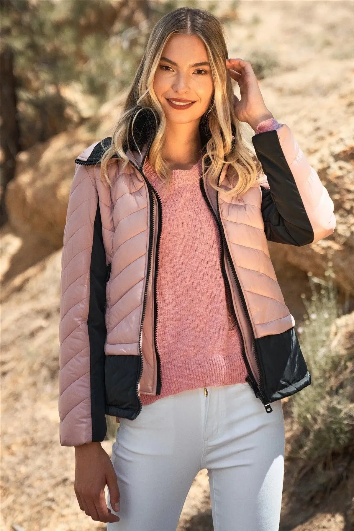 Rose Quilted High Neck Double Zip Fastening Puffer Jacket